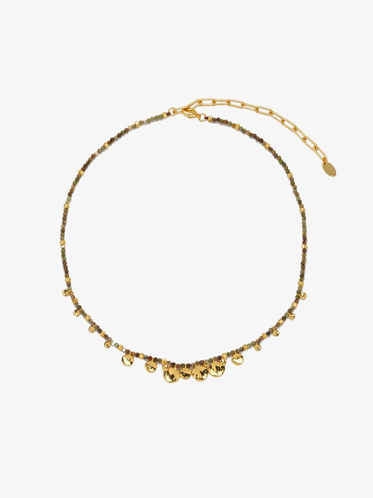 Fairyokai Breeze Whisper gold leaf natural stone necklace on white background.