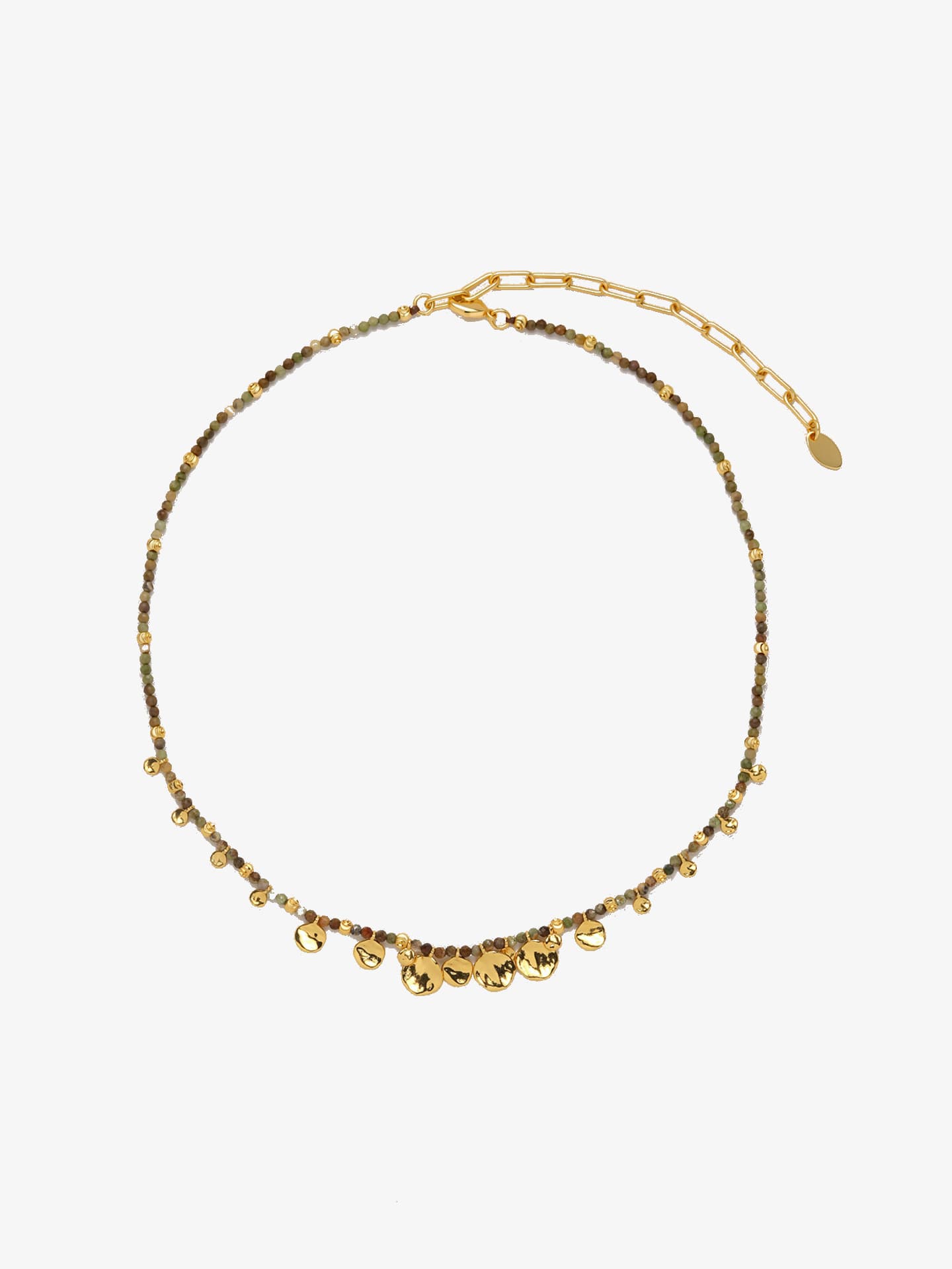 Fairyokai Breeze Whisper gold leaf natural stone necklace on white background.
