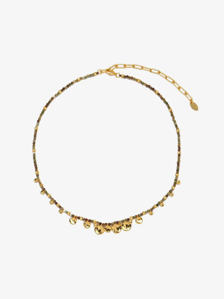 Fairyokai Breeze Whisper gold leaf natural stone necklace on white background.