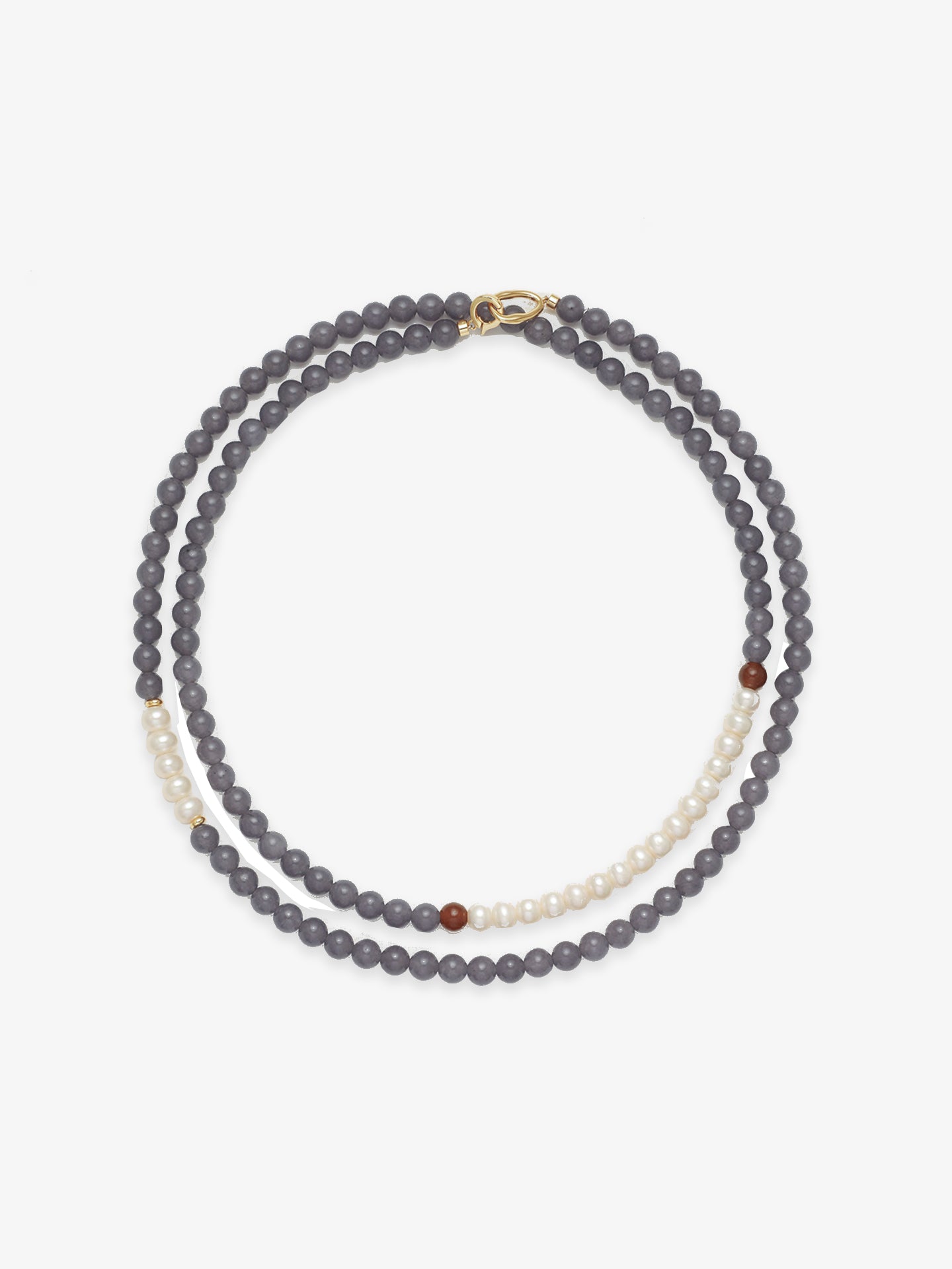 Fairyokai Chrysoprase and Pearl double-layer necklace with natural stone beads, wrapped twice around on white background.
