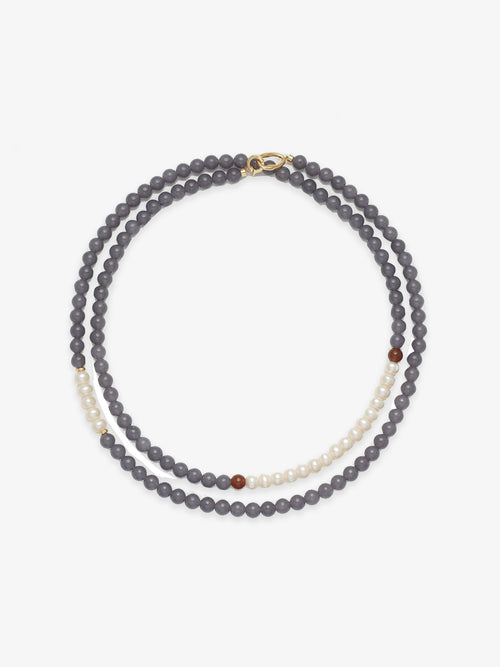 Fairyokai Chrysoprase and Pearl double-layer necklace with natural stone beads, wrapped twice around on white background.