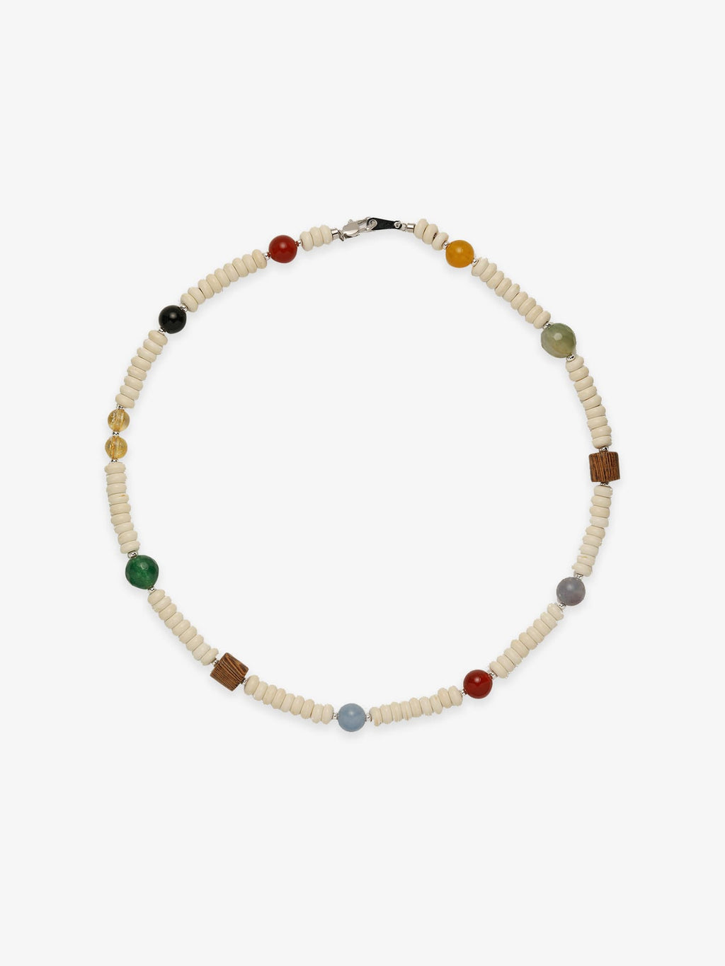 Fairyokai Color Rhythm multicolor stone roller bead necklace on white background.