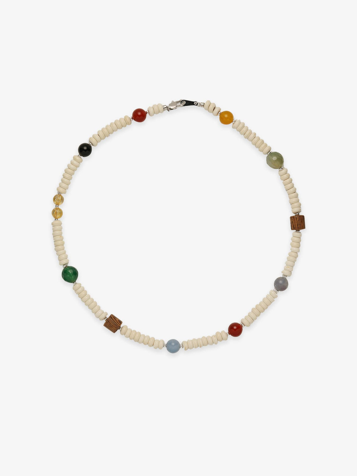 Fairyokai Color Rhythm multicolor stone roller bead necklace on white background.