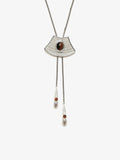 Fairyokai Flowing River adjustable tiger eye fan necklace on white background.