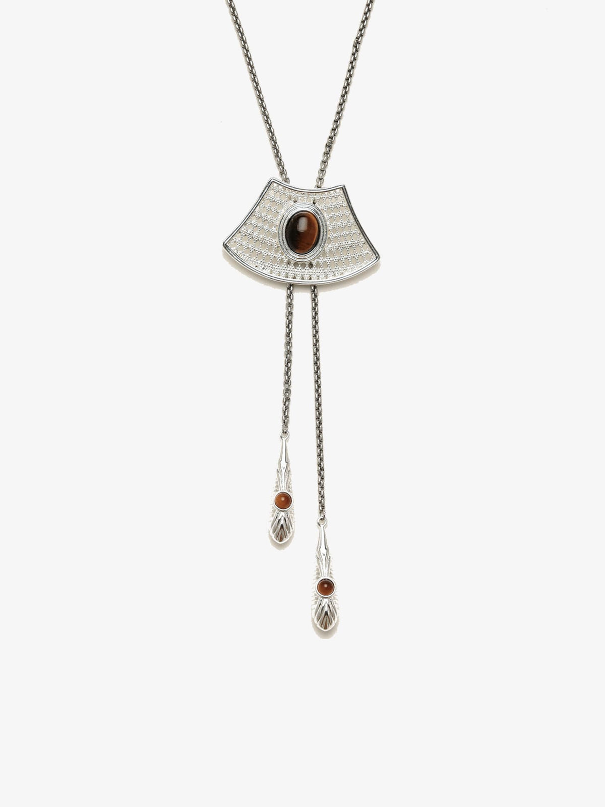 Fairyokai Flowing River adjustable tiger eye fan necklace on white background.