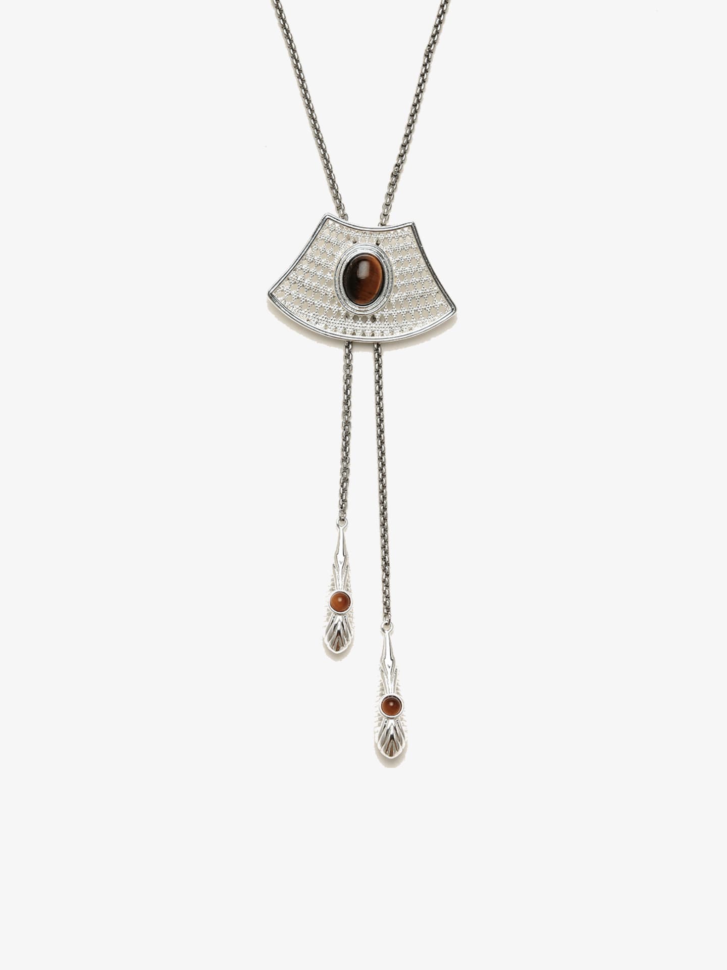 Fairyokai Flowing River adjustable tiger eye fan necklace on white background.