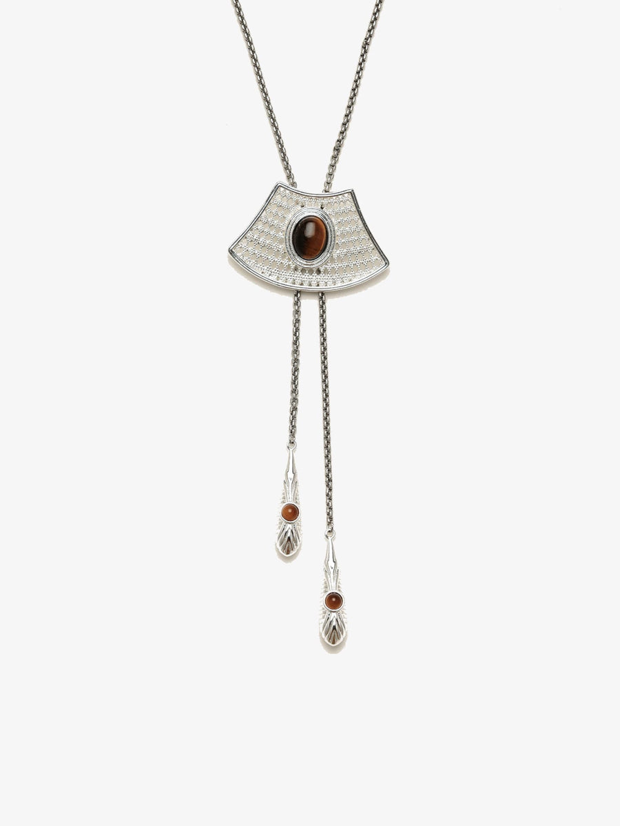 Fairyokai Flowing River adjustable tiger eye fan necklace on white background.