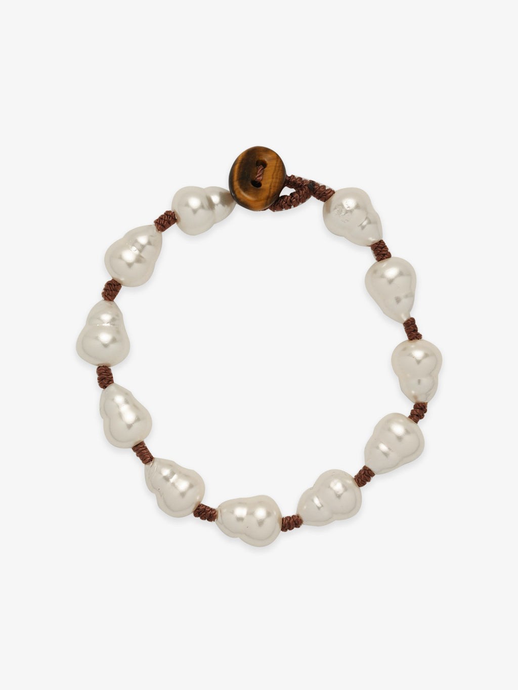 One Fairyokai Full Embrace gourd faux pearl bracelet on a clean white background, showing the round faux pearl beads and brown cord accents.
