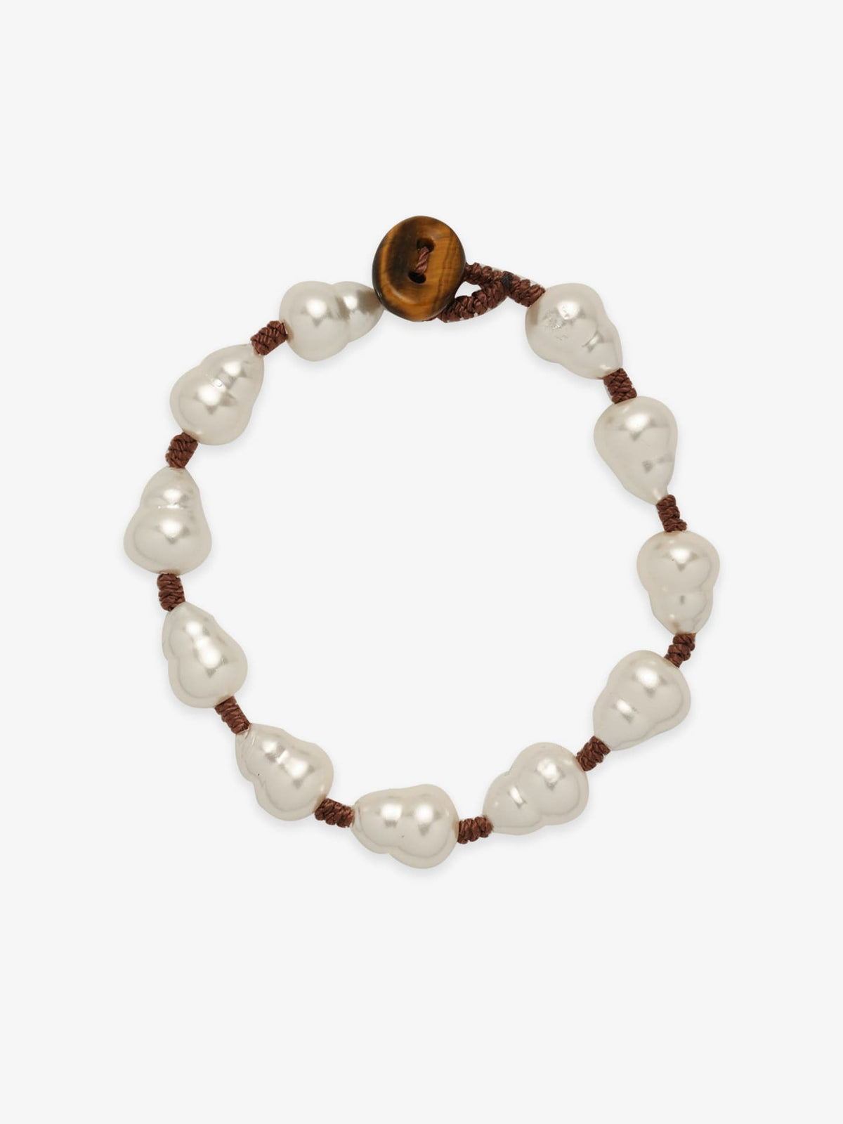 One Fairyokai Full Embrace gourd faux pearl bracelet on a clean white background, showing the round faux pearl beads and brown cord accents.