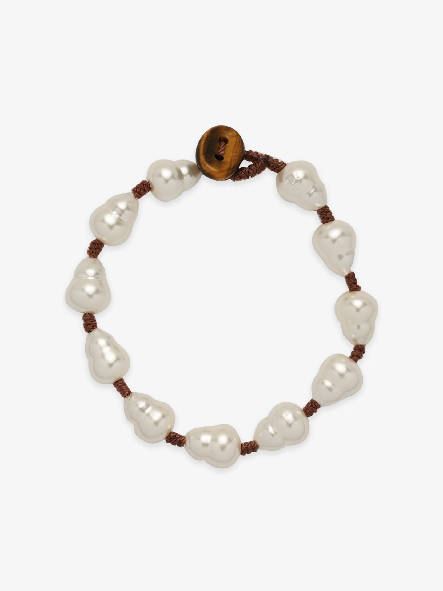 One Fairyokai Full Embrace gourd faux pearl bracelet on a clean white background, showing the round faux pearl beads and brown cord accents.
