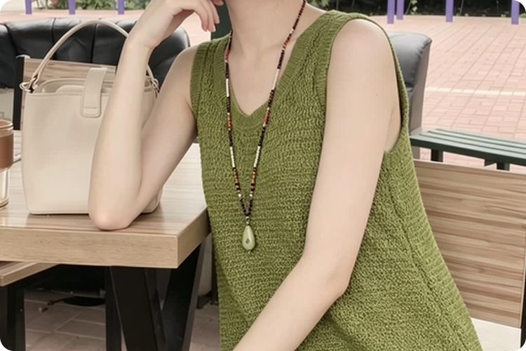 A woman in a green sleeveless top, wearing a Fairyokai Spring Sequence Multicolor Avocado Necklace, hand on chin, seated sideways.