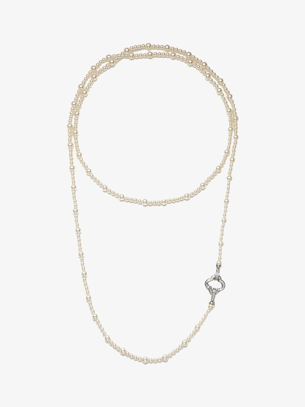Fairyokai Layered Abundance alternating faux pearl necklace on white background.