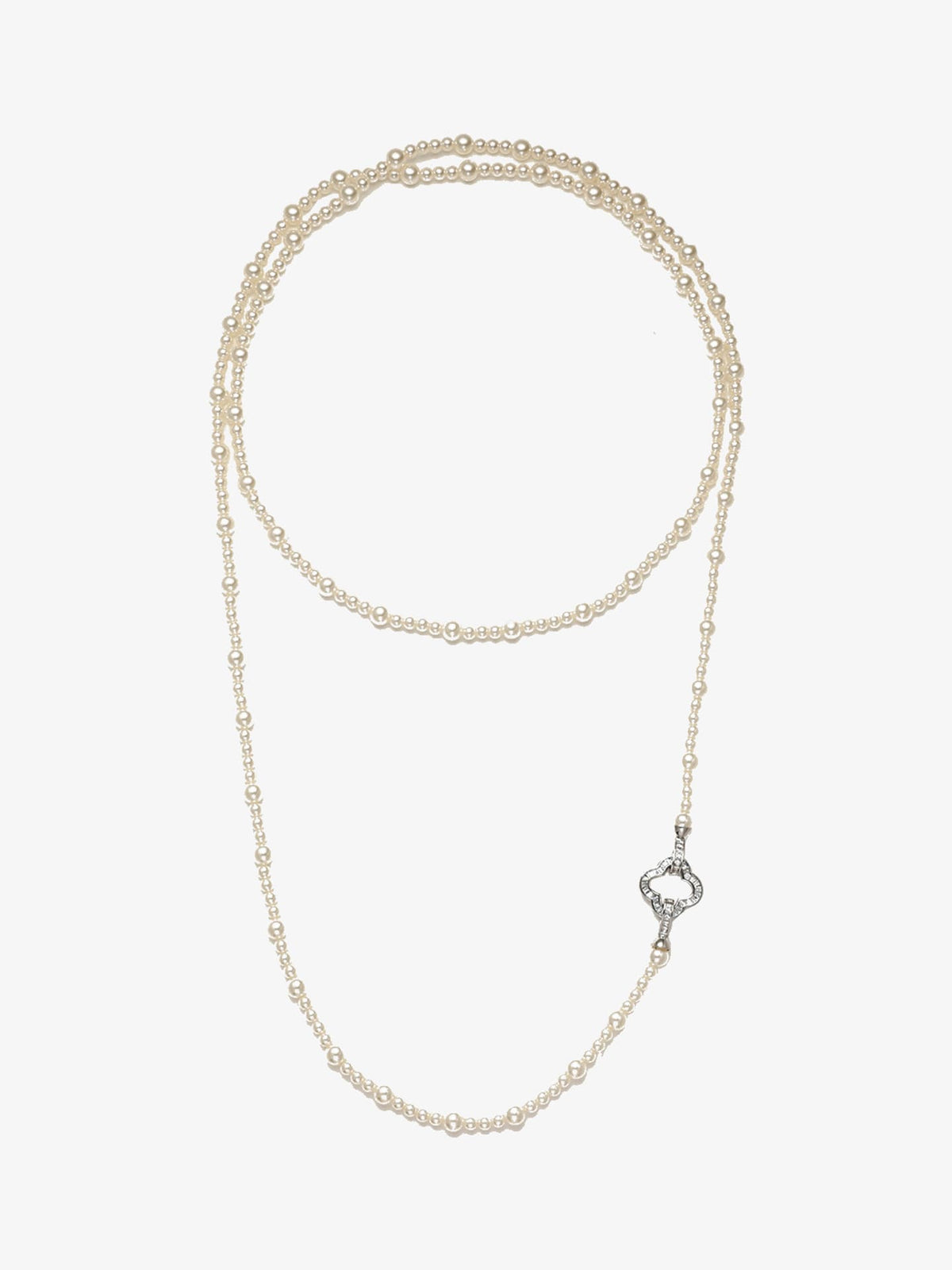 Fairyokai Layered Abundance alternating faux pearl necklace on white background.