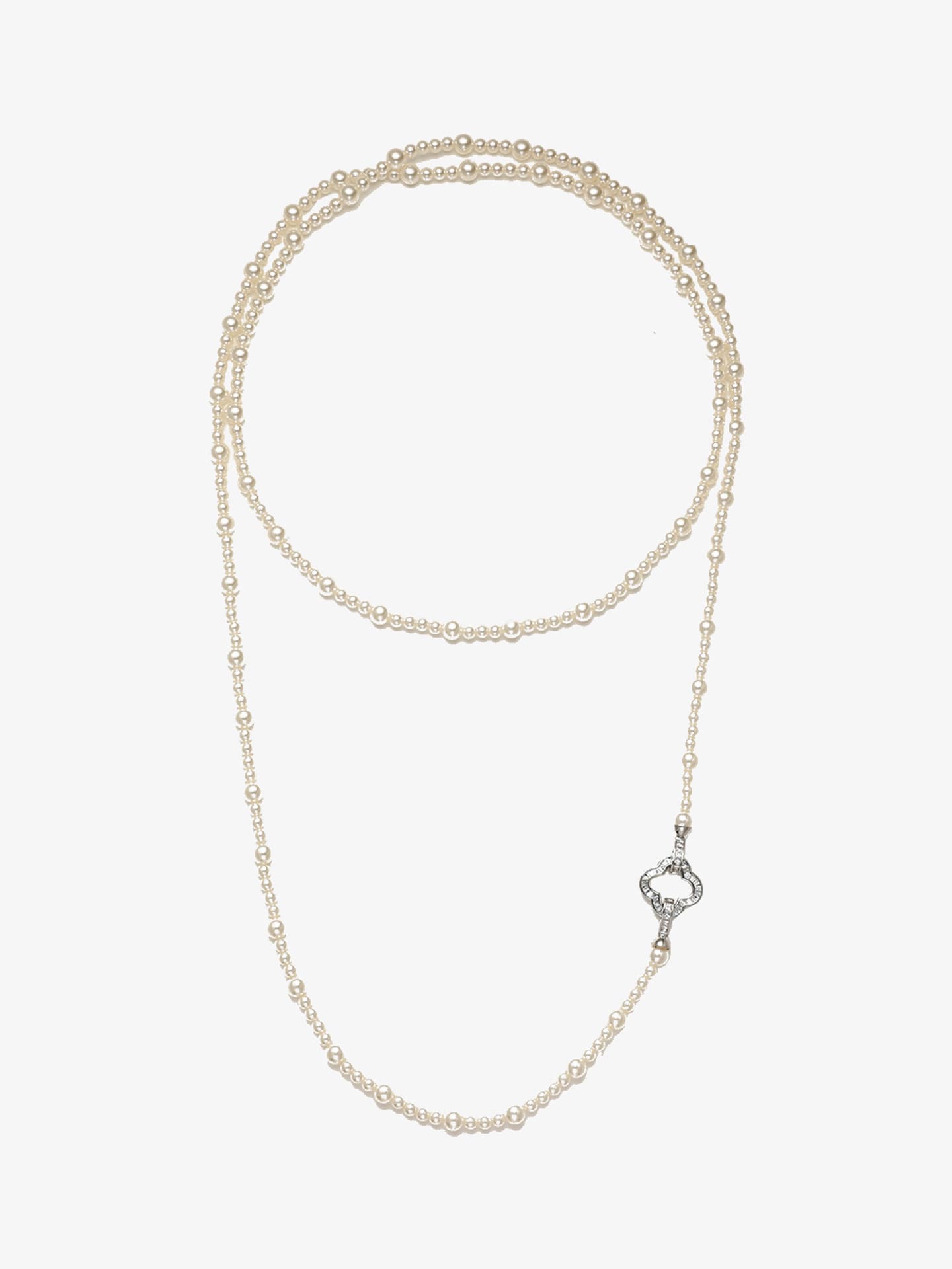Fairyokai Layered Abundance alternating faux pearl necklace on white background.