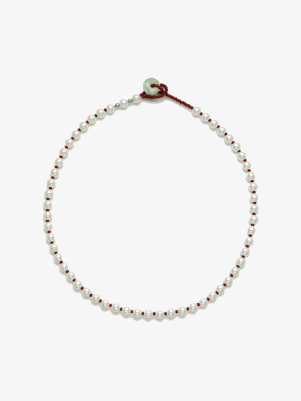 Fairyokai Lunar Chord Czech bead and jade pearl necklace (red) on white background.