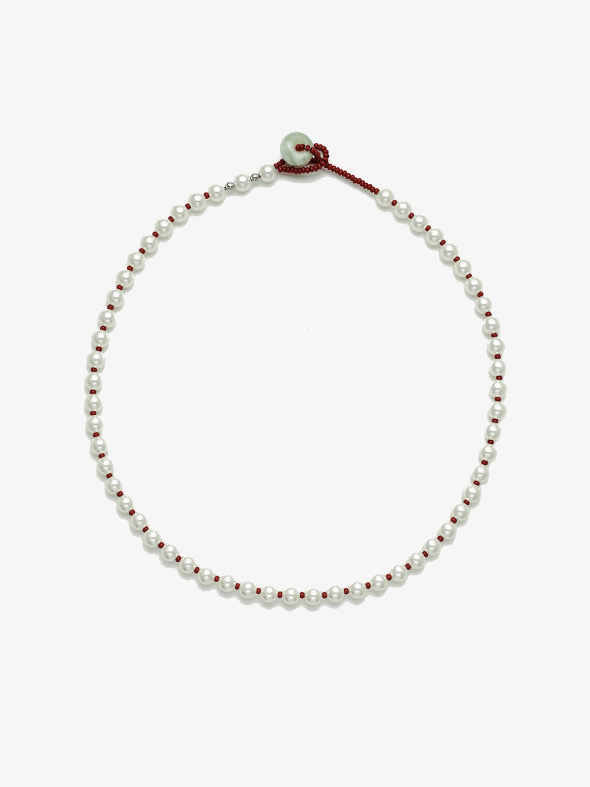 Fairyokai Lunar Chord Czech bead and jade pearl necklace (red) on white background.