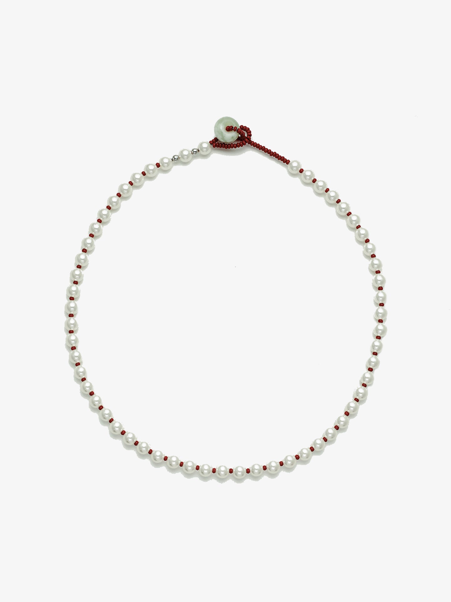 Fairyokai Lunar Chord Czech bead and jade pearl necklace (red) on white background.