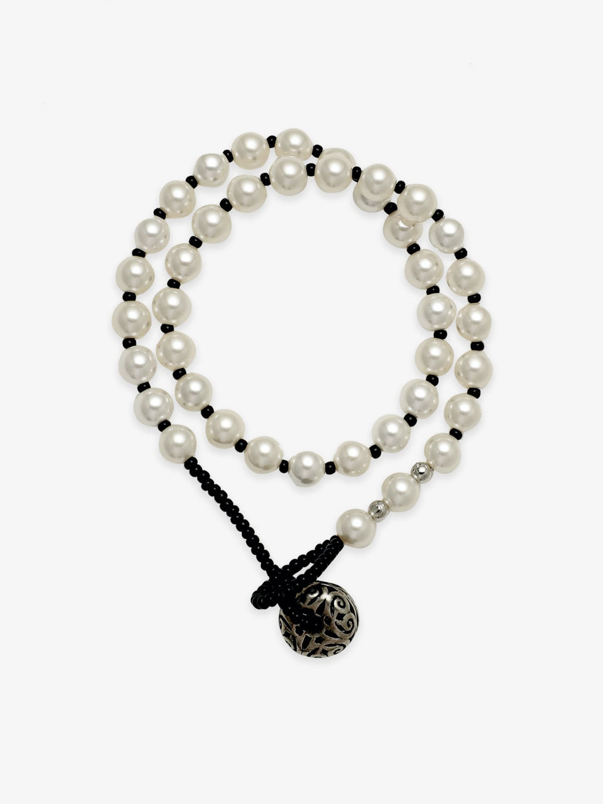 One Fairyokai Lunar Chord double-layer faux pearl bracelet on a clean white background, with two strands of faux pearls and a black cord closure.