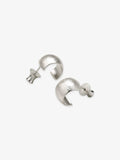 Pair of Fairyokai Moon Trace sand-textured C-shape hoop earrings with S925 silver posts on white background.