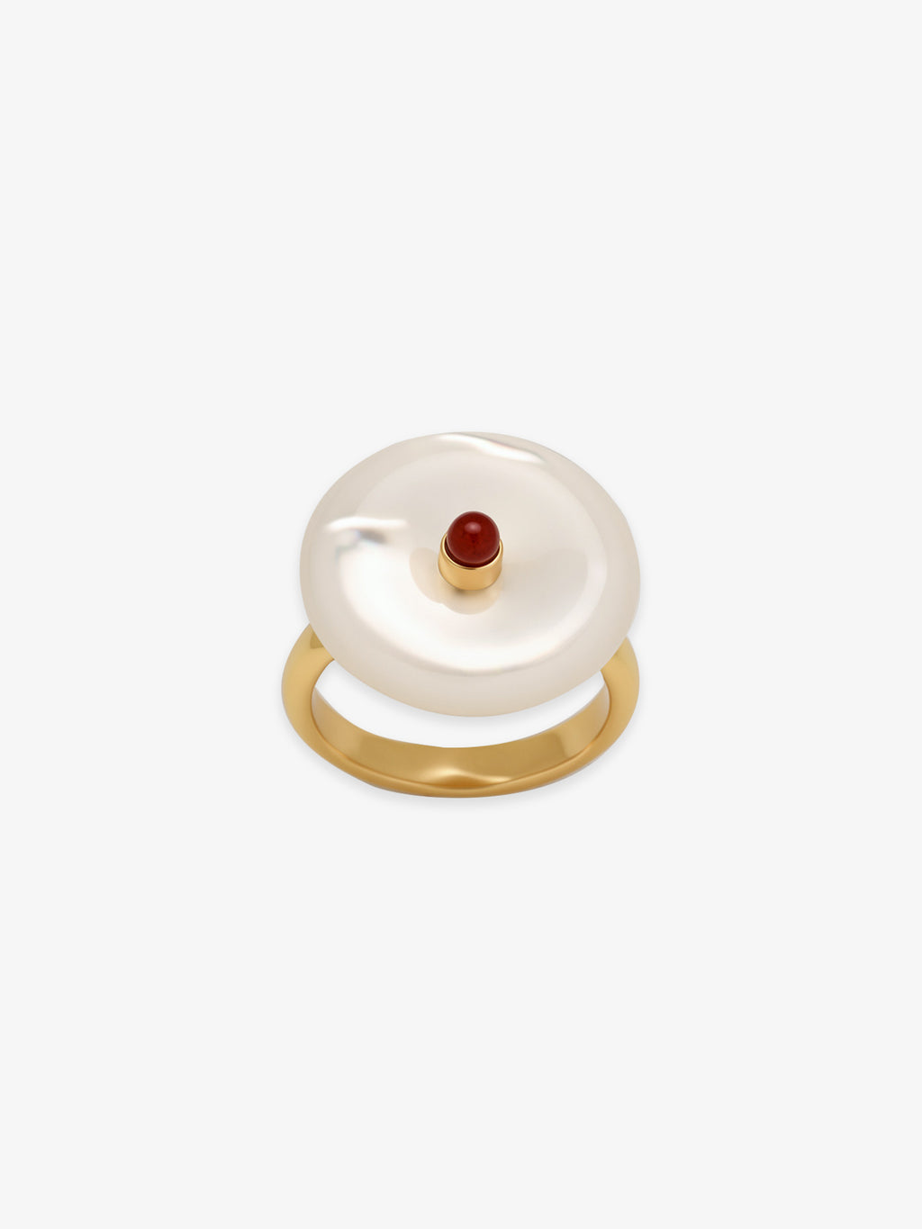 One Fairyokai Ocean View mother-of-pearl and red agate open ring on a clean white background, showing the round shell disc and small red stone accent.