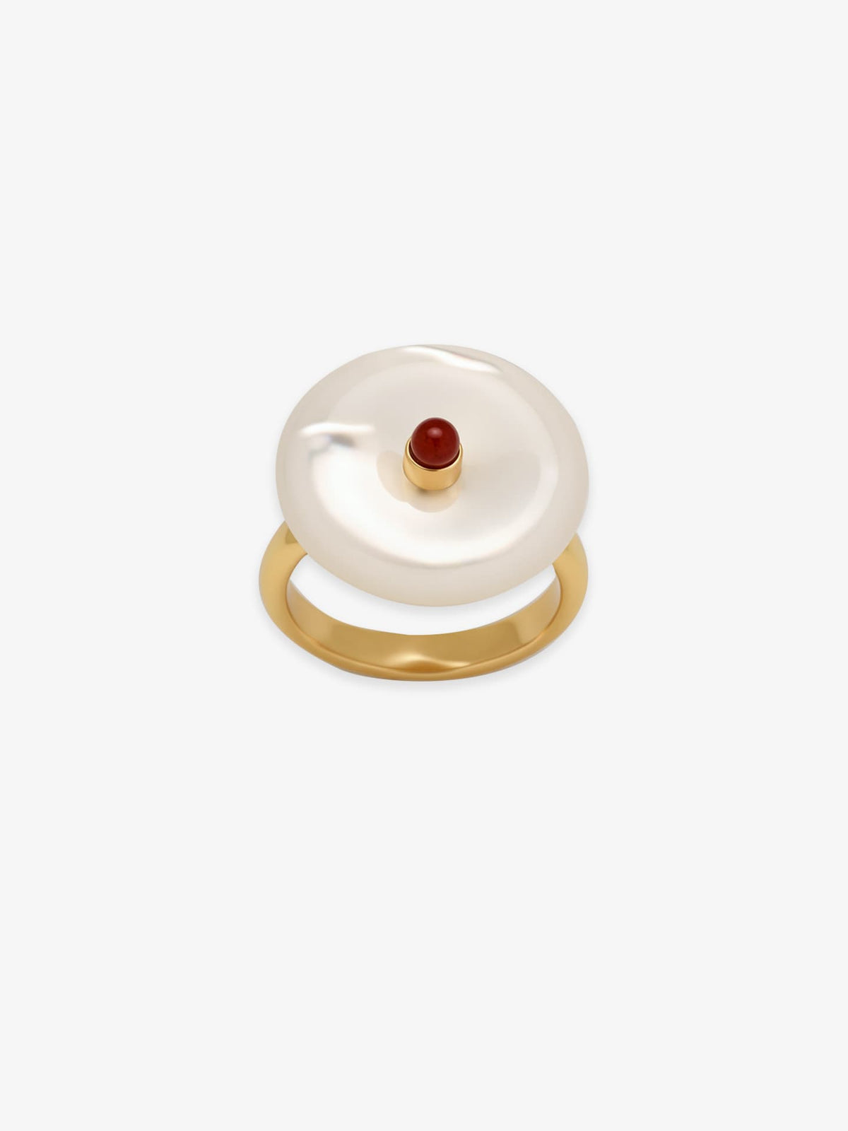 One Fairyokai Ocean View mother-of-pearl and red agate open ring on a clean white background, showing the round shell disc and small red stone accent.