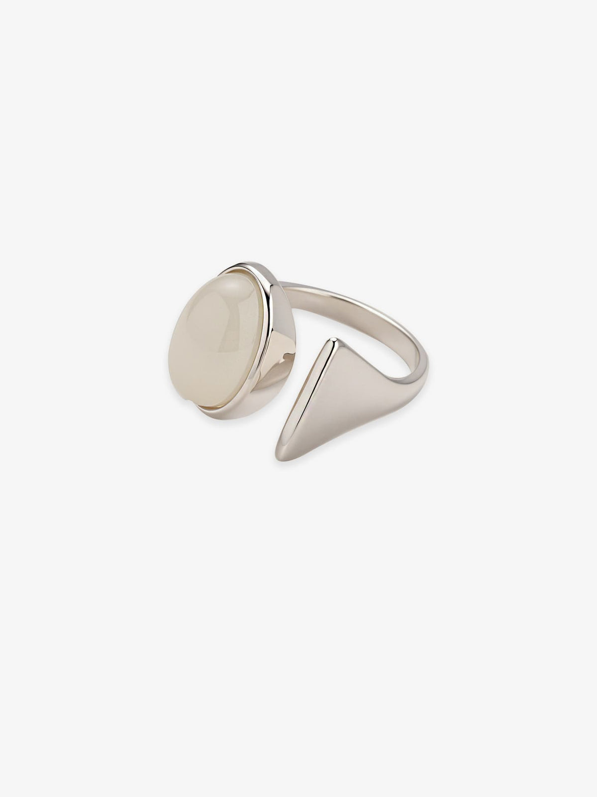 One Fairyokai Open Chord silver natural stone ring on a clean white background, with two open ends and a pale oval stone setting.