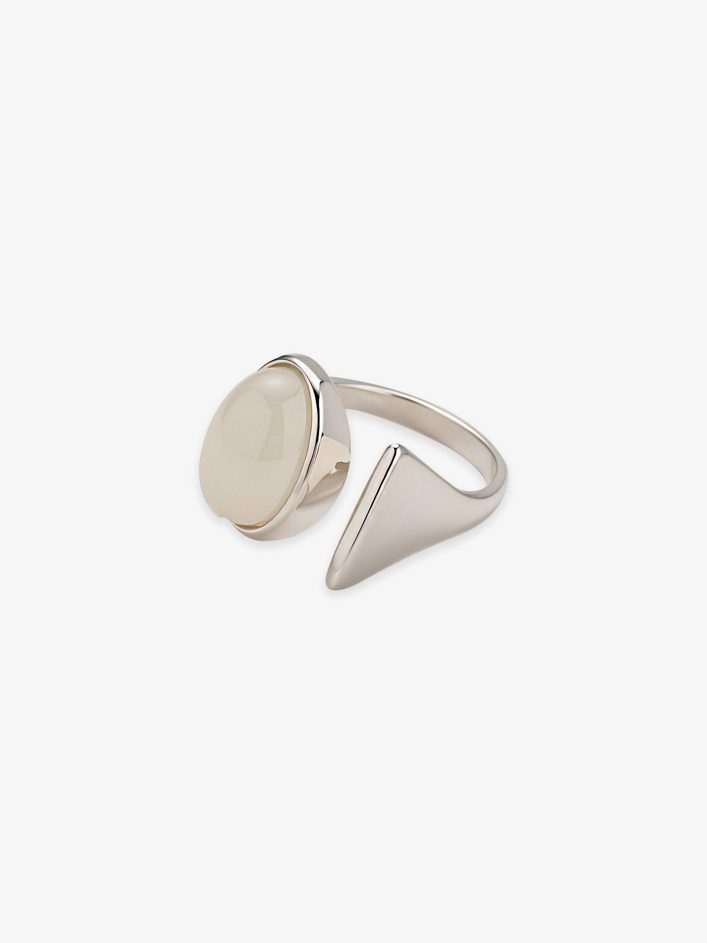 One Fairyokai Open Chord silver natural stone ring on a clean white background, with two open ends and a pale oval stone setting.