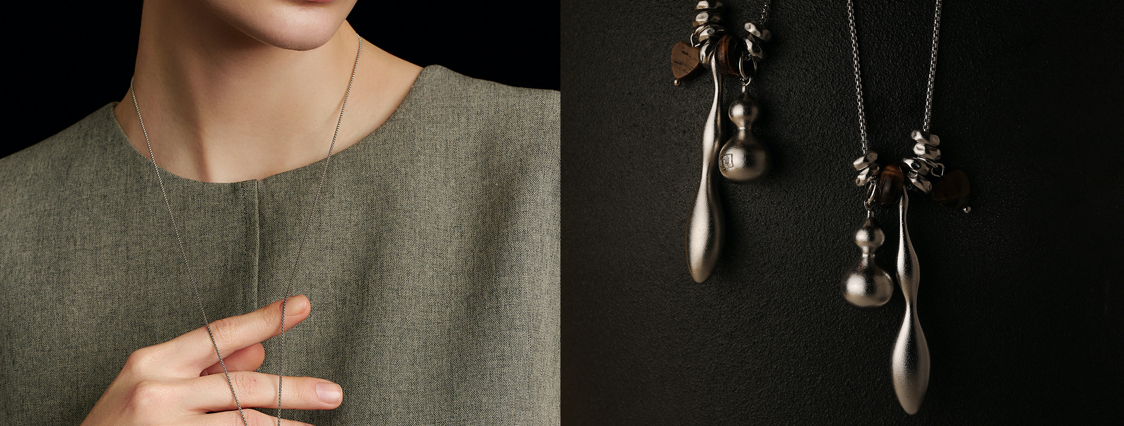 Fairyokai Balance Veil tiger eye gourd necklace: model wearing it and lightly lifting the pendant, with a detailed close-up of the charm. Text: ‘Pendant Poetry Necklaces. Each charm – a key, a leaf, a secret – carved by time, shaped by nature. Wear the stories that only you can tell. Explore the collection.