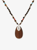 Fairyokai Return to Nature wood water-drop pendant necklace with tiger eye and beads on white background.