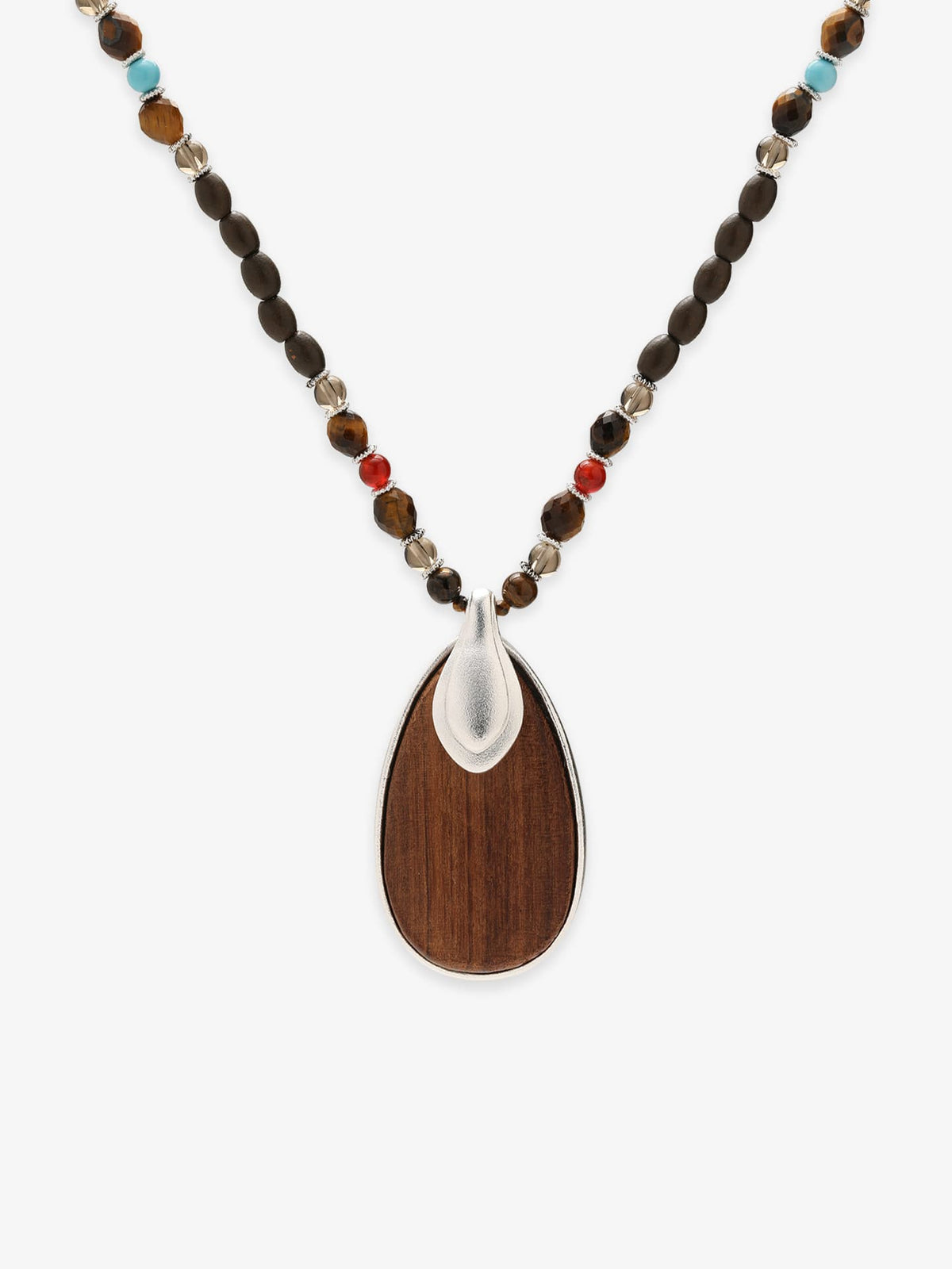 Fairyokai Return to Nature wood water-drop pendant necklace with tiger eye and beads on white background.
