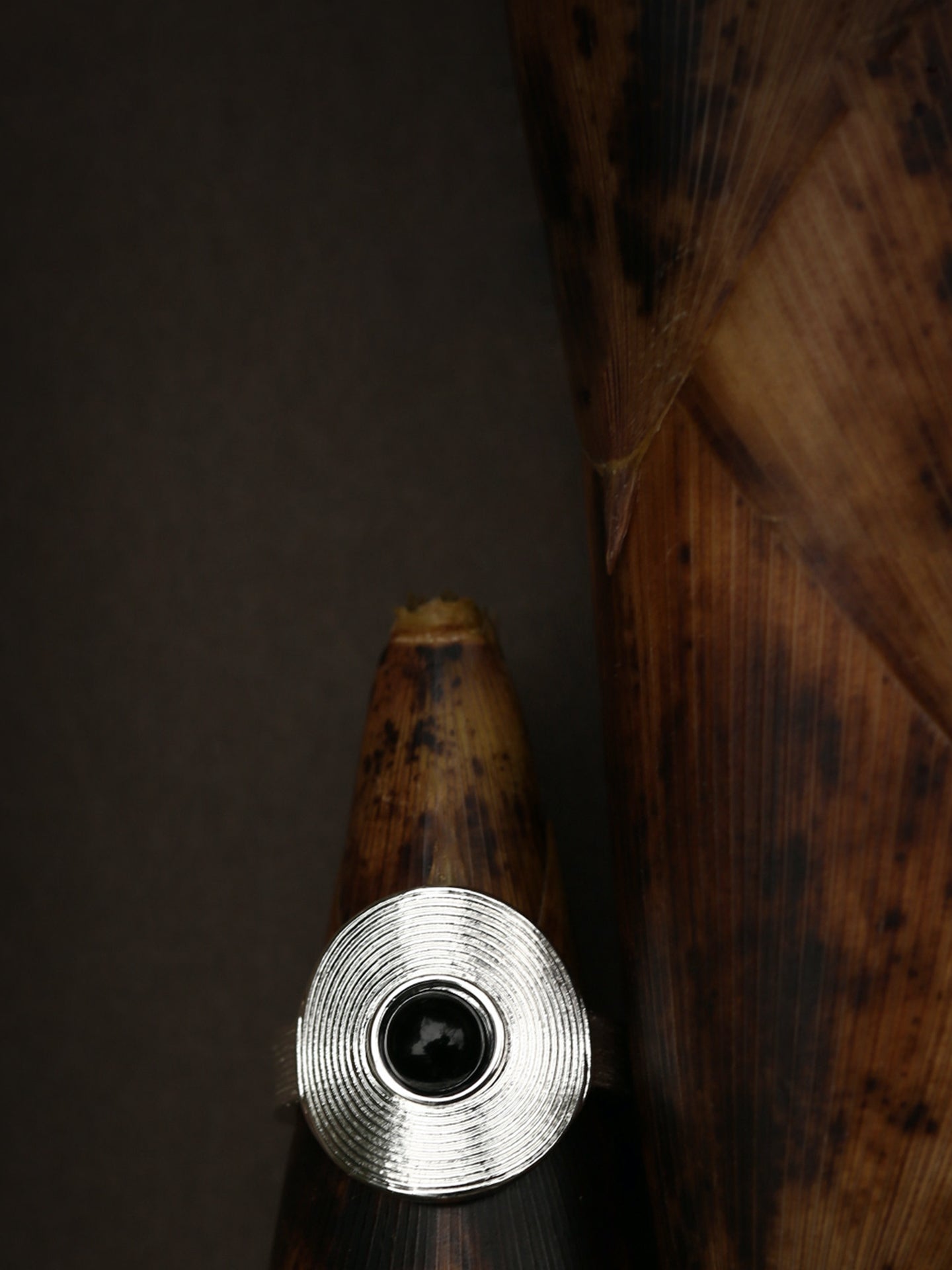 Close-up of Fairyokai Returning Depth black agate and silver band ring placed on a bamboo shoot-shaped display object, detail view, on black background.