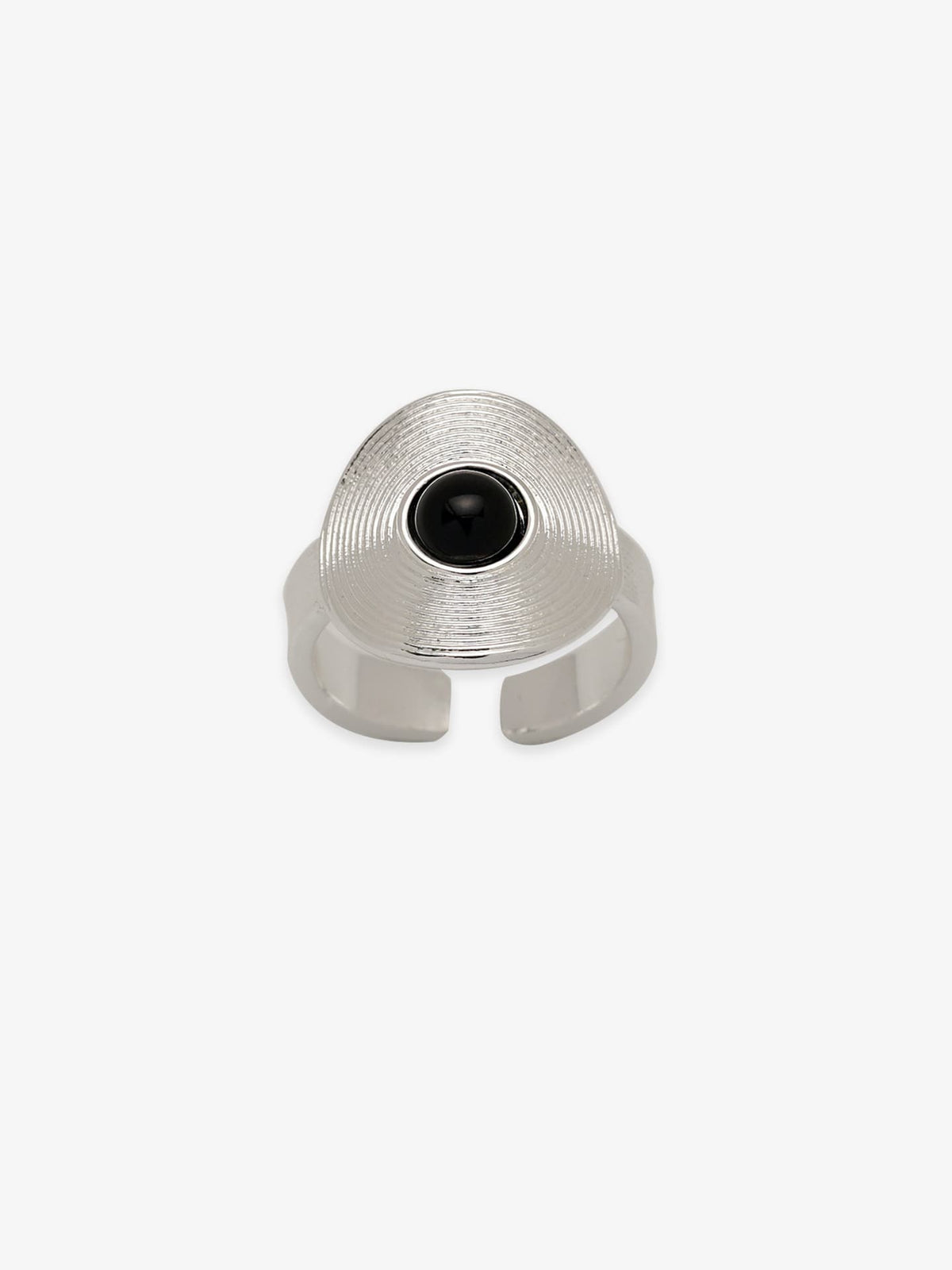One Fairyokai Returning Depth black agate and silver band ring with adjustable open design on white background.