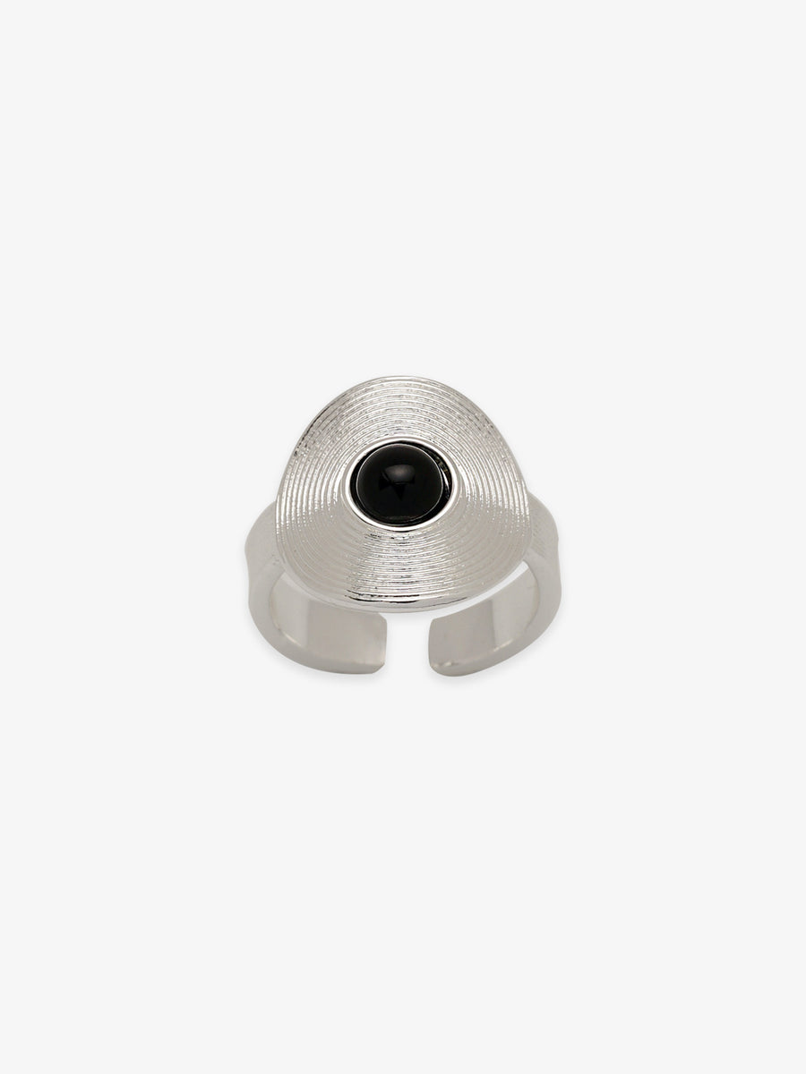 One Fairyokai Returning Depth black agate and silver band ring with adjustable open design on white background.