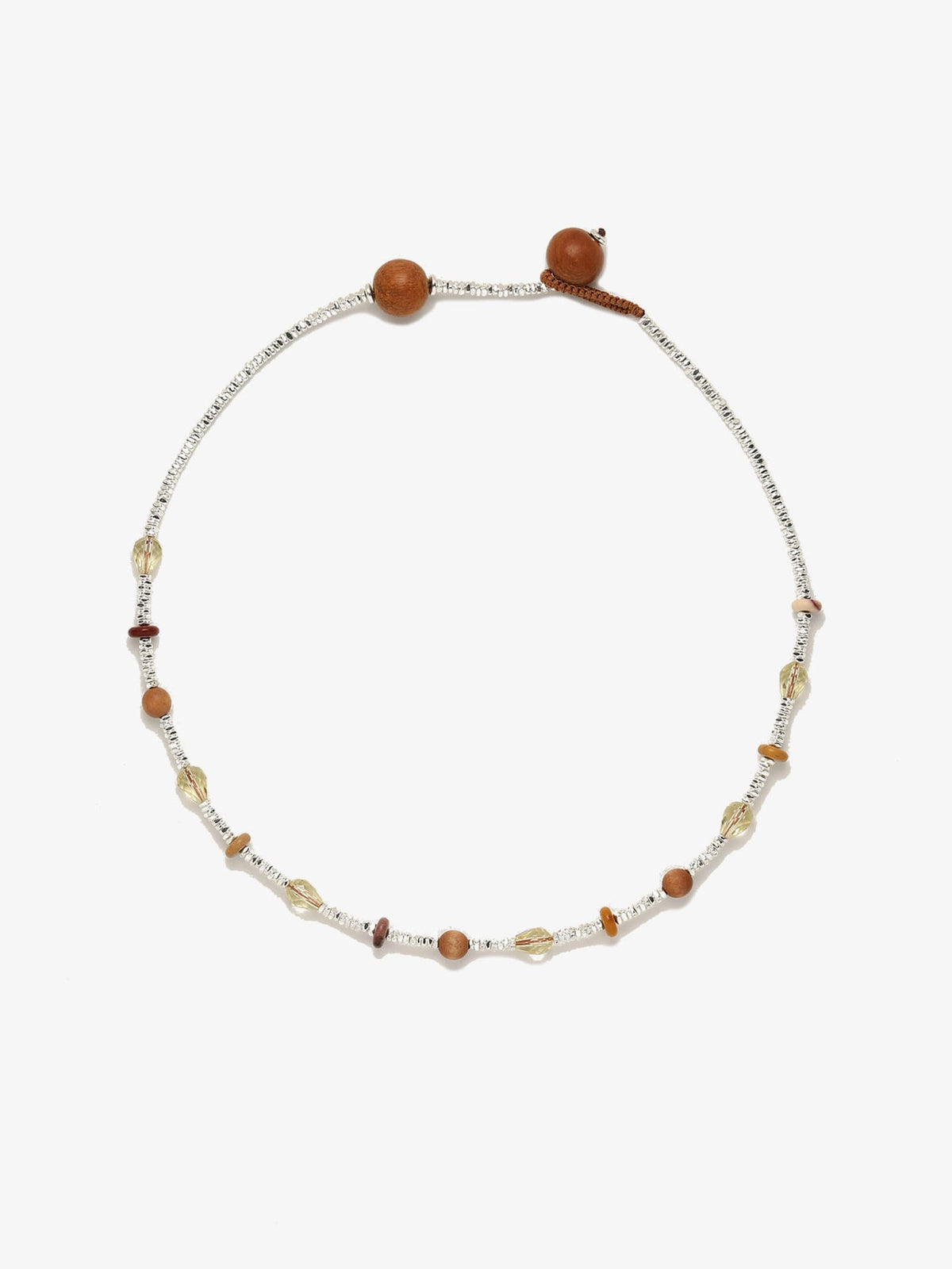Fairyokai Soft Pure Light tay wood crystal braided necklace on white background.