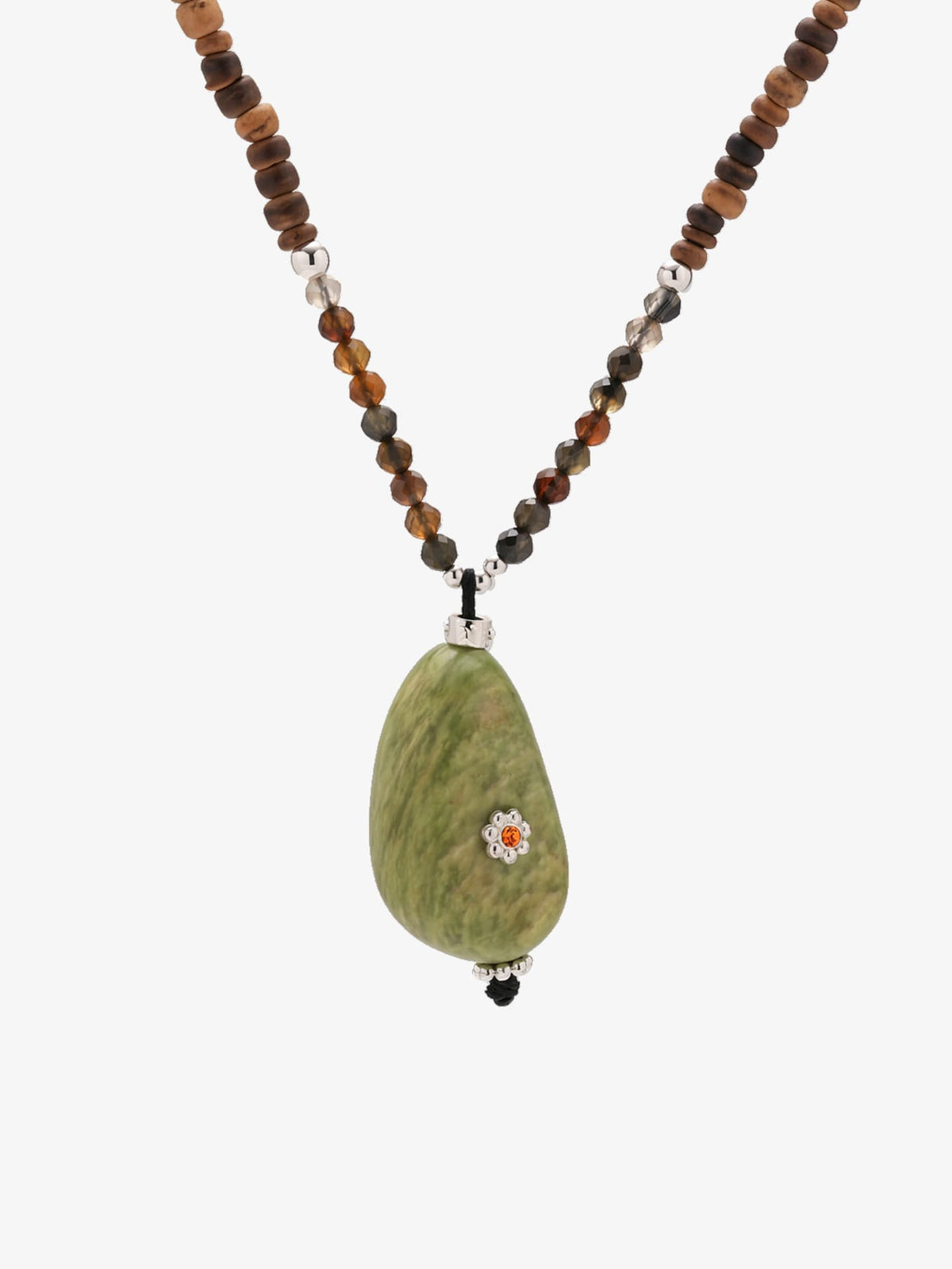 Fairyokai Spring Sequence multicolor avocado necklace on white background.