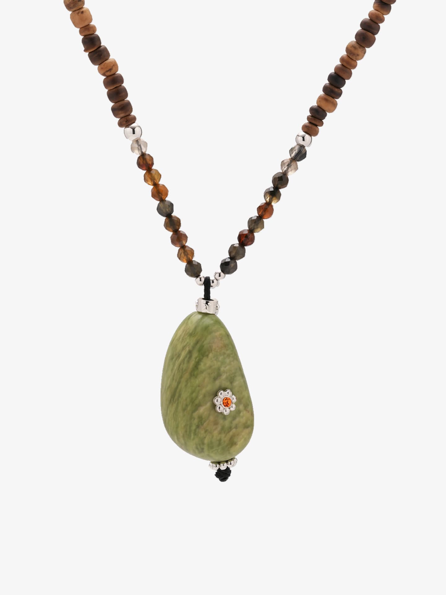 Fairyokai Spring Sequence multicolor avocado necklace on white background.
