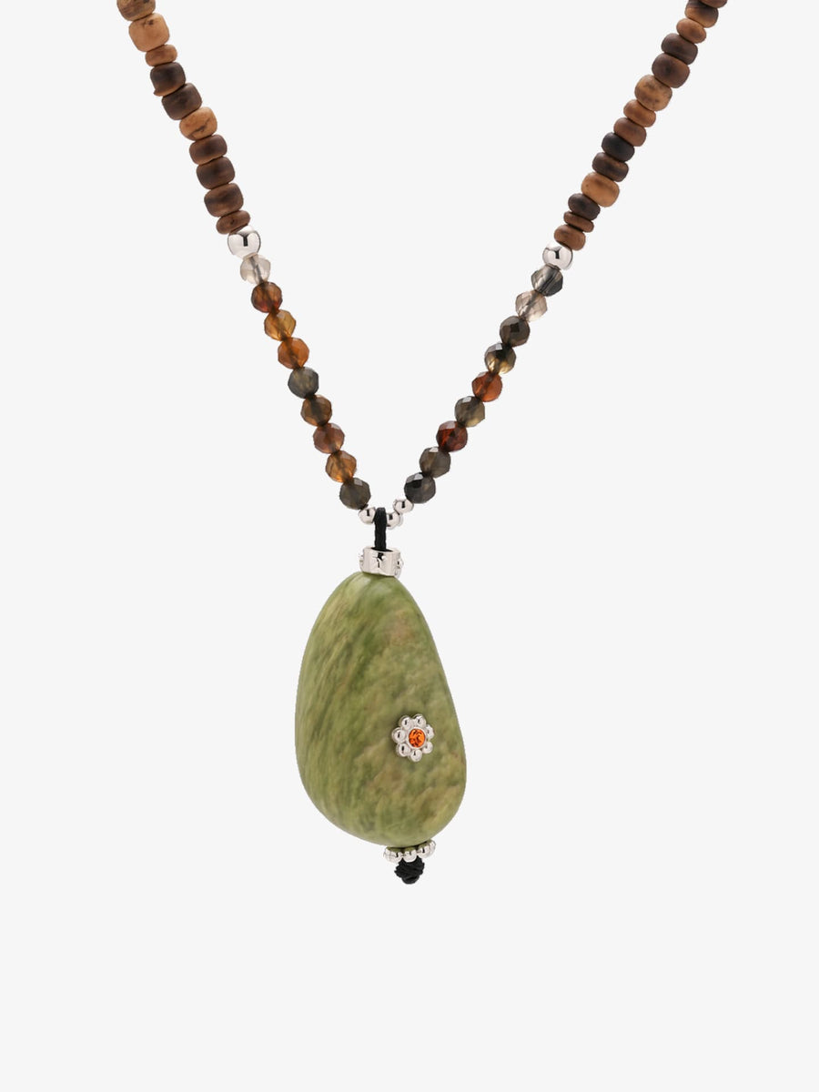 Fairyokai Spring Sequence multicolor avocado necklace on white background.
