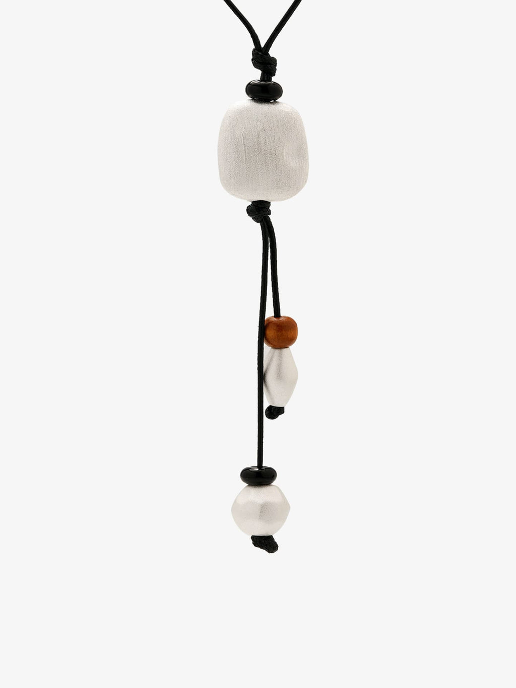 Fairyokai Suspended Stone waxed cord and wood necklace on white background.
