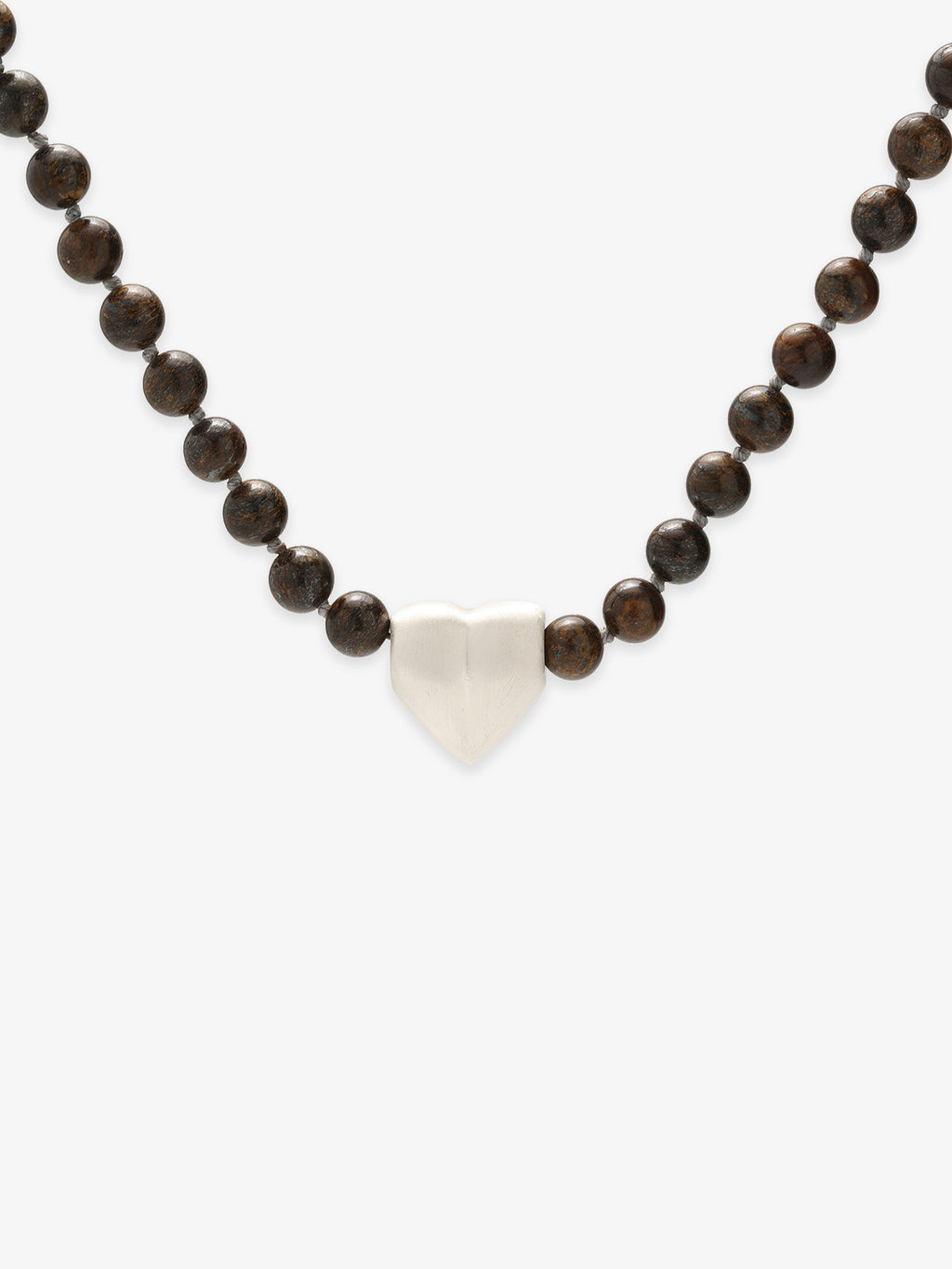 Fairyokai Tiger Eye and Silver Heart necklace with tiger eye beads and silver heart pendant on white background.