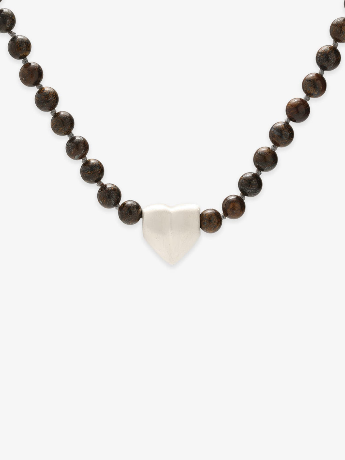 Fairyokai Tiger Eye and Silver Heart necklace with tiger eye beads and silver heart pendant on white background.