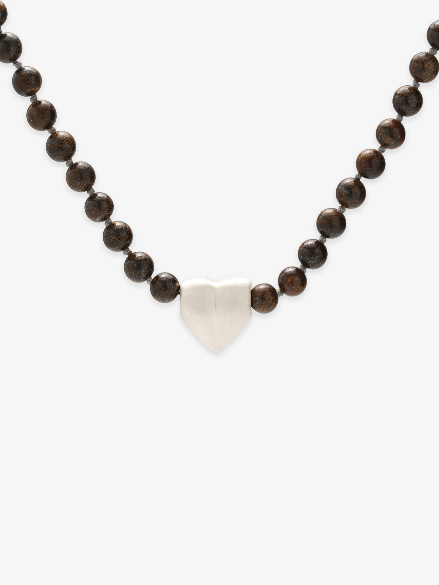 Fairyokai Tiger Eye and Silver Heart necklace with tiger eye beads and silver heart pendant on white background.