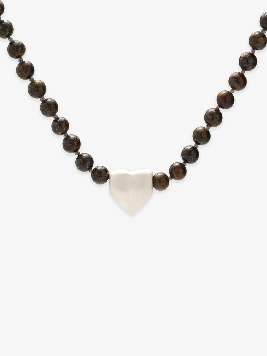 Fairyokai Tiger Eye and Silver Heart necklace with tiger eye beads and silver heart pendant on white background.