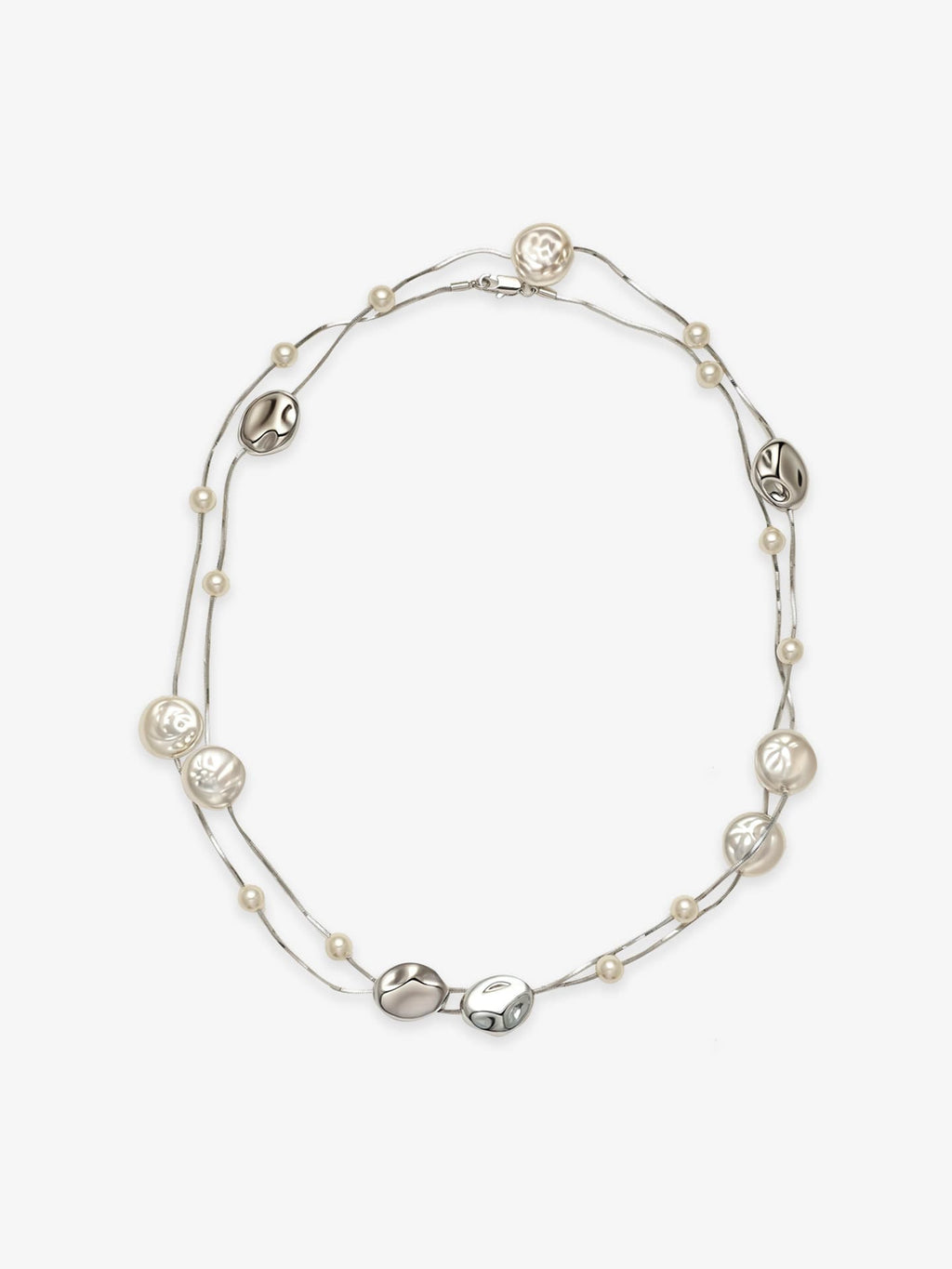 Fairyokai Tracing Light irregular faux pearl lobster clasp necklace on white background.
