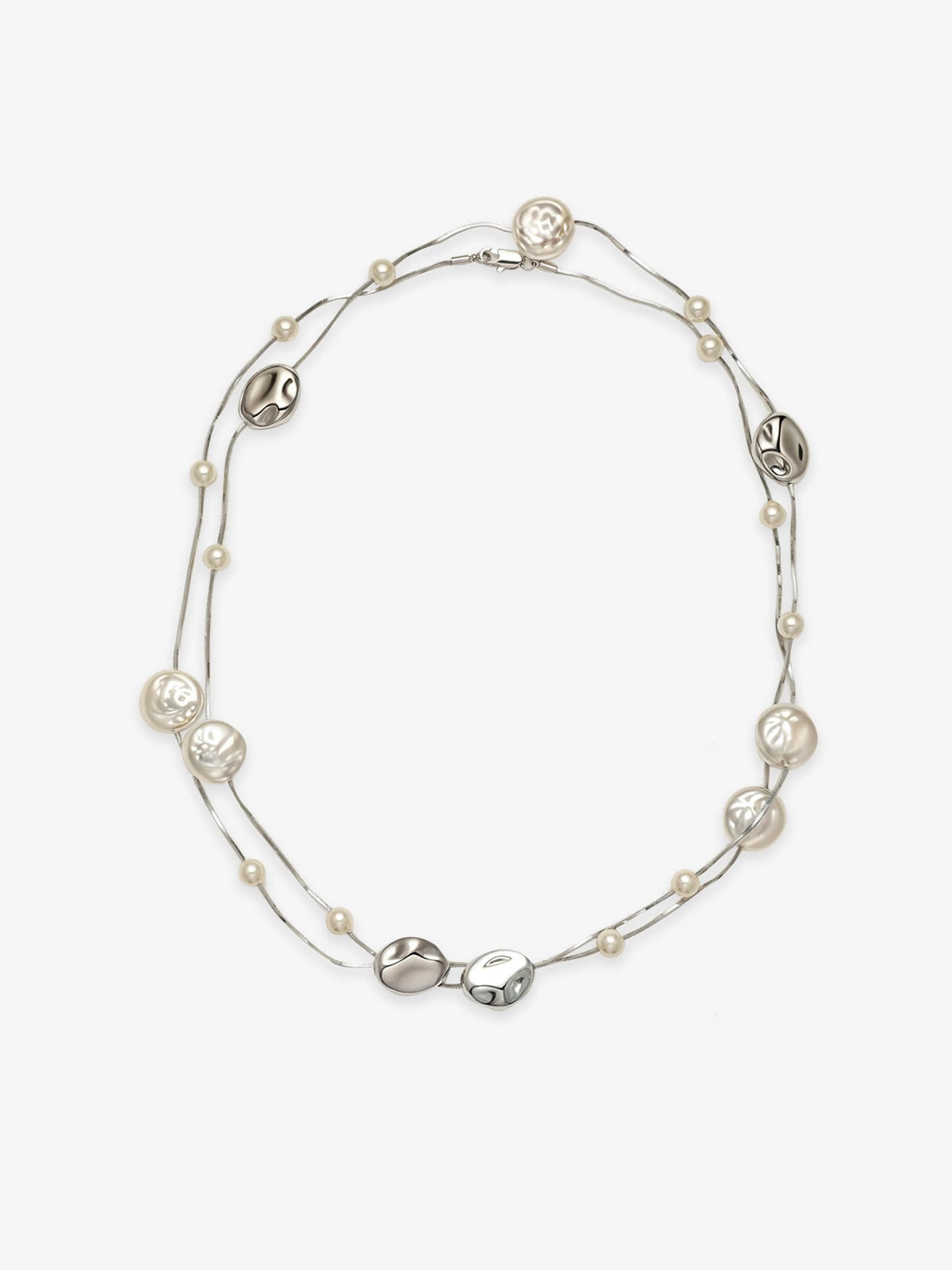 Fairyokai Tracing Light irregular faux pearl lobster clasp necklace on white background.