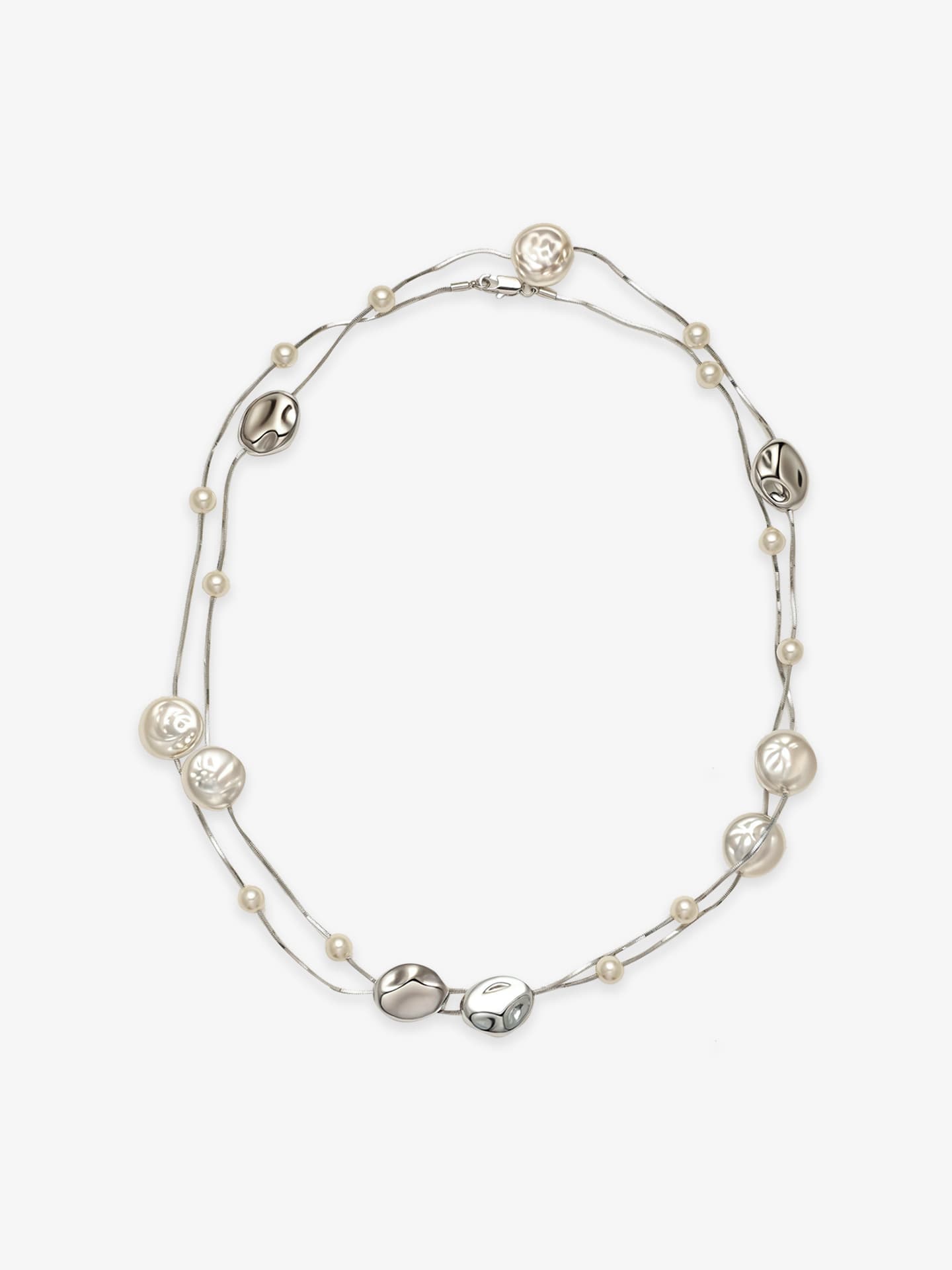 Fairyokai Tracing Light irregular faux pearl lobster clasp necklace on white background.