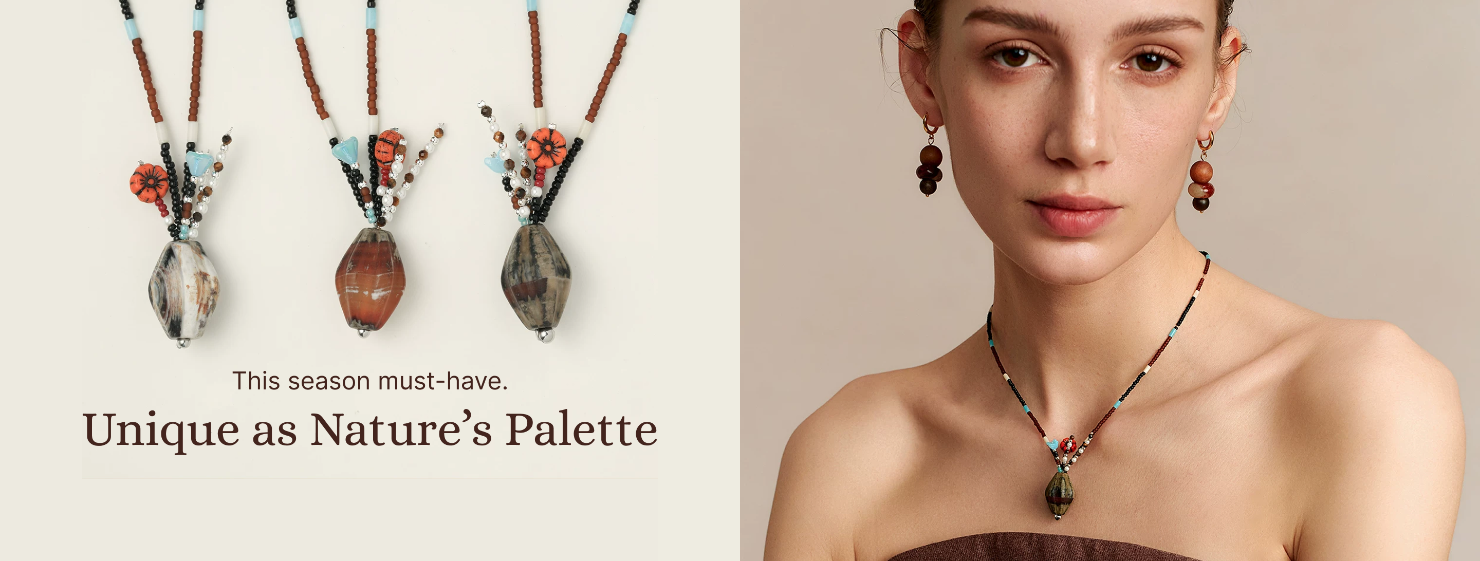 Fairyokai Culling the Cream necklace – three unique agate vase pendants side by side with text ‘Unique as Nature’s Palette’ and ‘This season must-have,’ plus a model wearing the necklace in a close-up shot.