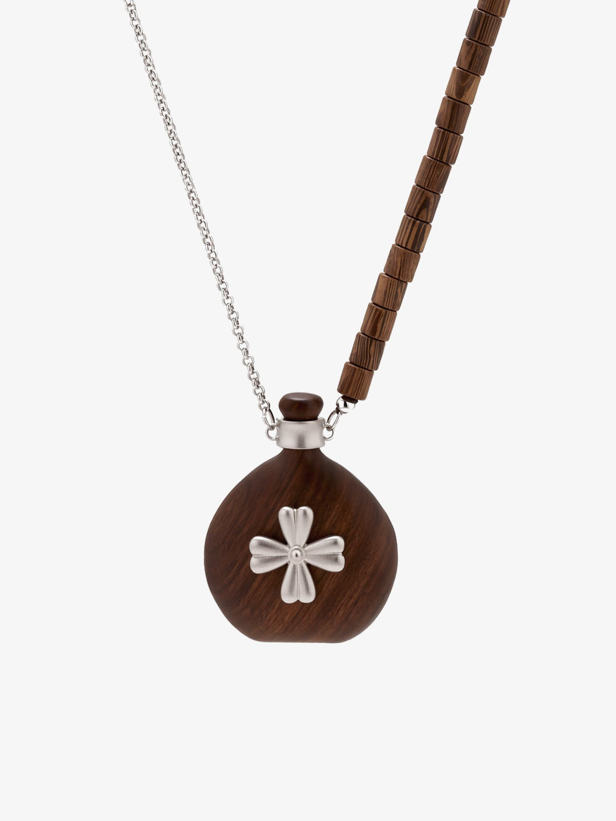 Fairyokai Wooden Serenity wenge wood vase necklace on white background.
