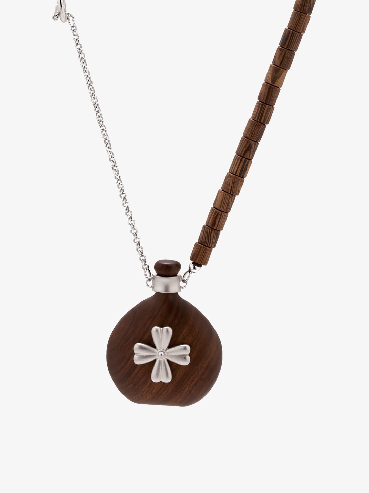 Fairyokai Wooden Serenity wenge wood vase necklace on white background.